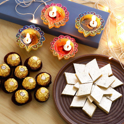 Designer Diyas With Ferrero Rocher And Kaju Katli: Deepavali Gifts