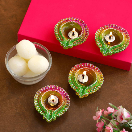 Diwali Floral Diyas With Rasgulla: Diwali Gift Ideas
