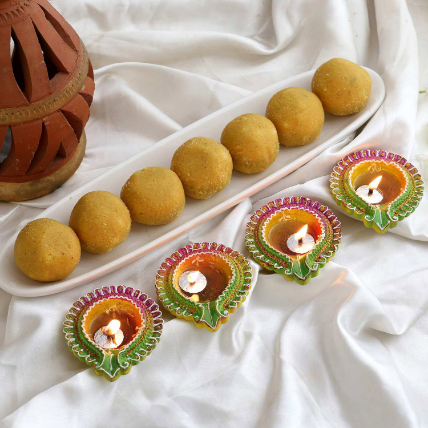 Floral Diyas With Besan Laddoo: Gift Combos 