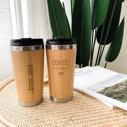 Personalised Bamboo Coffee Mug Tumbler Vertical Engraving