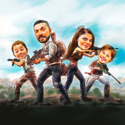 Personalised PUBG Family Caricature A3