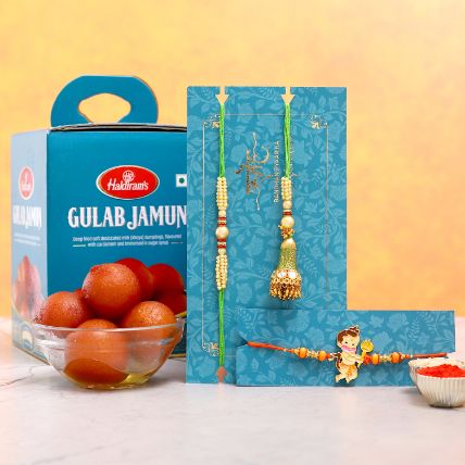 Bal Hanuman And Green Pearl Lumba Rakhi Set With 1 Kg Gulab jamun