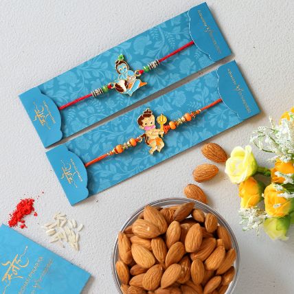Bal Krishna And Bal Hanuman Rakhi Set With 100 Gms Almonds