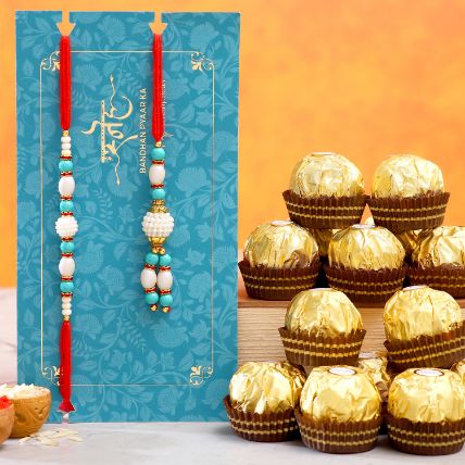 Blue Pearl And Lumba Rakhi Set With 16 Ferrero Rocher