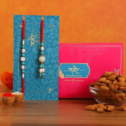 Blue Pearl And Lumba Rakhi Set With 100 Gms Almonds