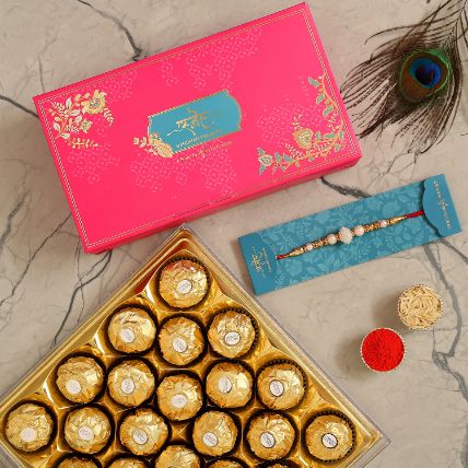 Elegant Pearl And Mauli Rakhi With 16 Ferrero Rocher
