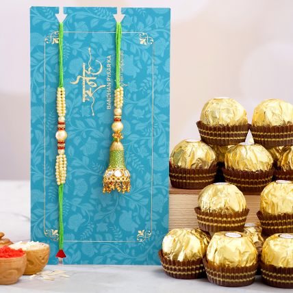 Ethnic Green Pearl And Lumba Rakhi Set With 16 Ferrero Rocher