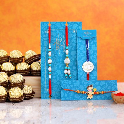 Hanuman And Ironman Rakhi With Blue Pearl Lumba Rakhi Set With 16 Ferrero Rocher