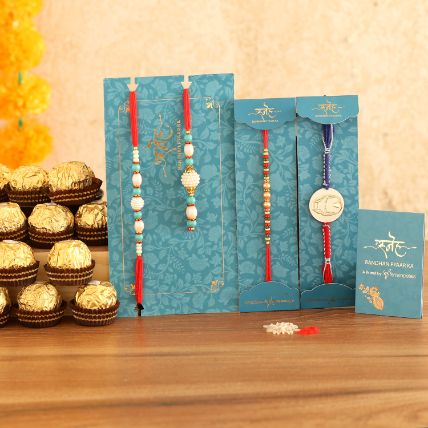 Ironman And Pearls Kids Rakhi With Blue Pearls Lumba Rakhi Set With 16 Ferrero Rocher