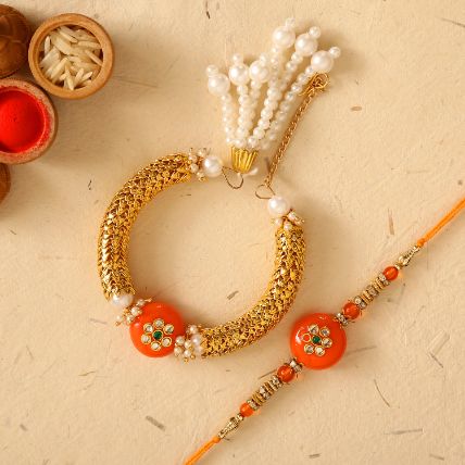 Orange Pearl And Lumba Rakhi Set