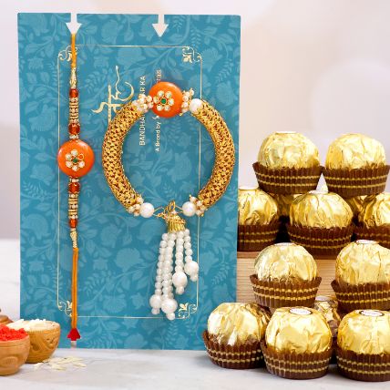 Orange Pearl And Lumba Rakhi Set With 16 Ferrero Rocher