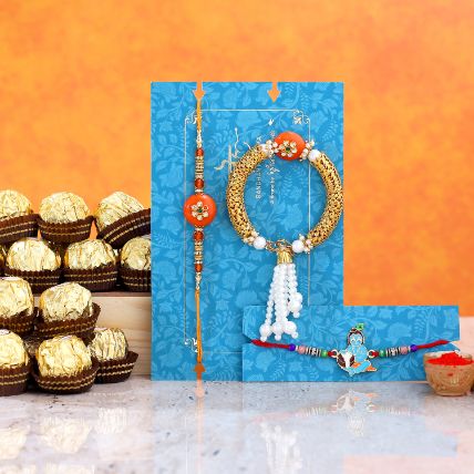 Orange Pearl Lumba Rakhi Set And Bal Krishna Rakhi With 16 Ferrero Rocher