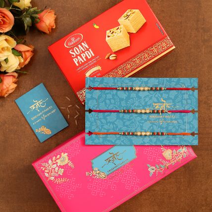 Pearl And Mauli Rakhis Set Of 3 With 250 Gms Soan Papdi