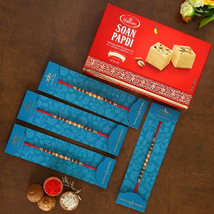 Pearl And Mauli Rakhis Set Of 4 With 250 Gms Soan Papdi