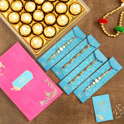 Pearl Studded And Mauli Rakhis Set Of 4 With 16 Ferrero Rocher