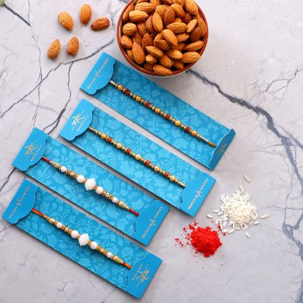 Pearl Studded And Mauli Rakhis Set Of 4 With 100 Gms Almonds