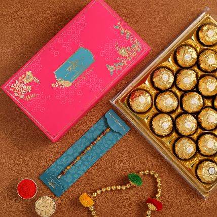 Traditional Golden Pearl Rakhi With 16 Ferrero Rocher
