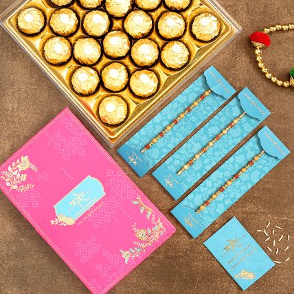 Traditional Pearl Studded Rakhis Set Of 3 With 16 Ferrero Rocher