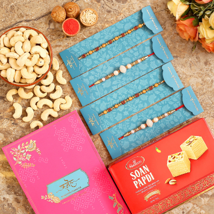 4 Pearl Studded Rakhis And Cashew With Soan Papdi