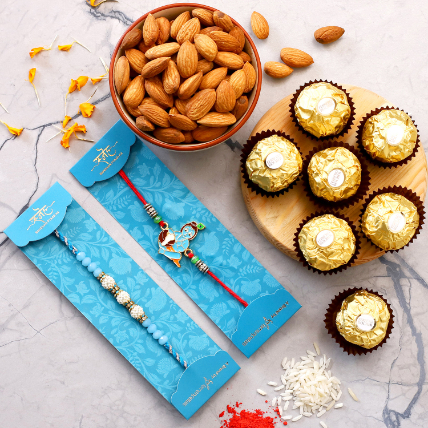 Bal Krishna And Pearl Rakhis With Almonds And Ferrero Rocher