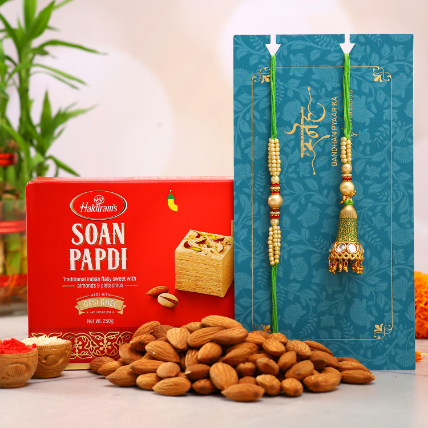 Ethnic Lumba Rakhi Set And Almonds With Soan Papdi