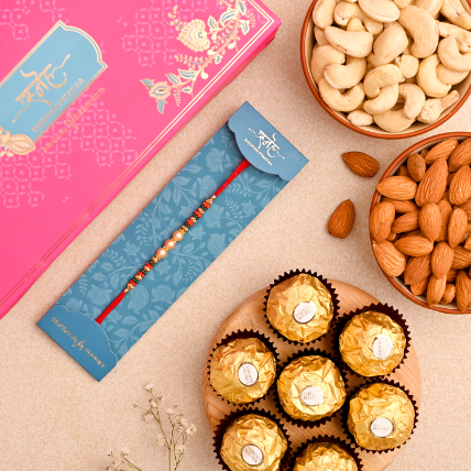 Golden Pearl Rakhi And Dry Fruits With Ferrero Rocher