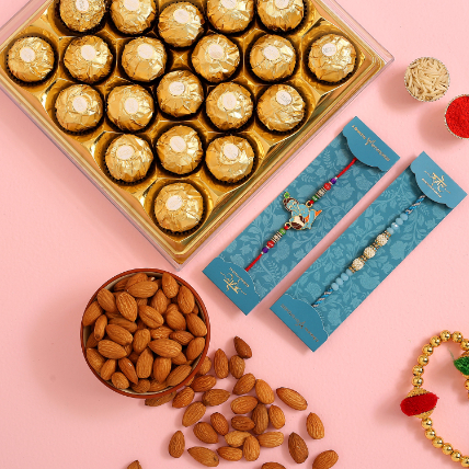 Krishna And Sea Blue Rakhis With Almonds And Ferrero Rocher