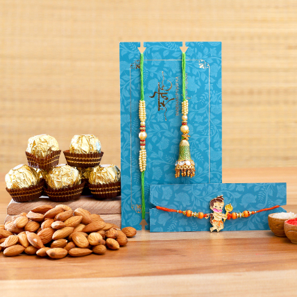 Lumba Rakhi Set And Bal Hanuman Rakhi With Almonds And Ferrero Rocher