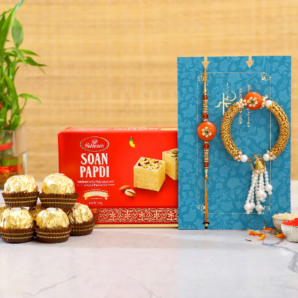 Lumba Rakhi Set And Soan Papdi With 3 Pcs Ferrero Rocher
