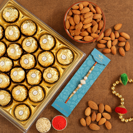 White Pearl Rakhi And Almonds With 16 Pcs Ferrero Rocher