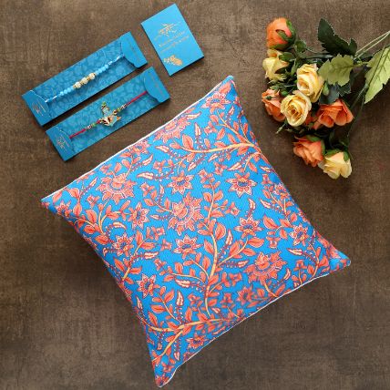 2 Traditional Rakhis And Floral Print Cushion