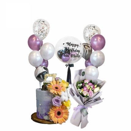 Floral Cake With Balloon And Mixed Flowers