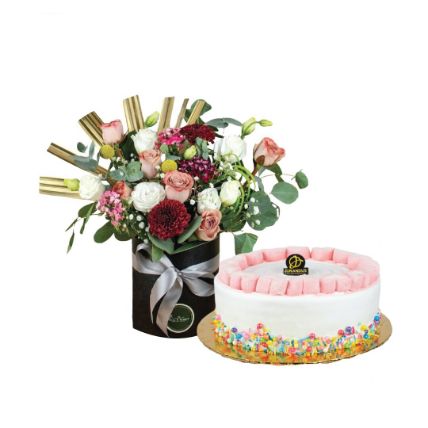 Red Velvet Rainbow Cake And Mixed Flowers Box
