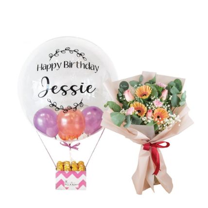 Bday Balloon And Ferrero Rocher Box With Flowers