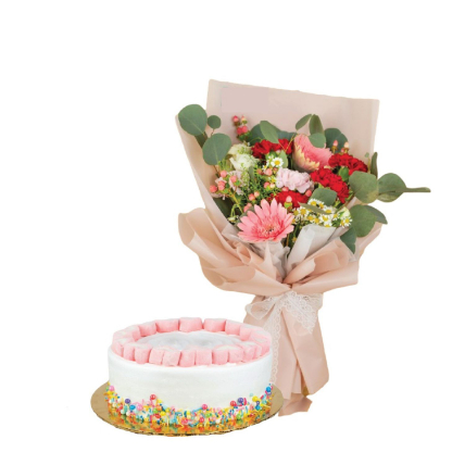 Rainbow Cake With Fresh Flowers Bouquet